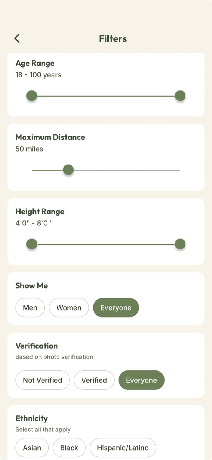 Peazy filters: age, distance, height, show me, verification