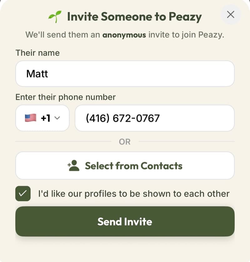 Invite Someone to Peazy: an anonymous invite by text