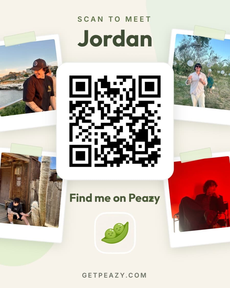 Jordan's Peazy card: scan to meet Jordan on Peazy